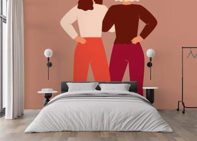 Front view of two strong women supporting each other. Friends hug and look each other in the face. The concept of friendship, care and love. Vector flat illustration Wall mural