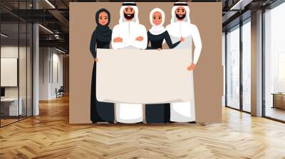 Group of young arabian men and women standing together and holding blank banner.Flat cartoon colorful vector illustration. Design with Cartoon Characters business Moslem people in traditional clothing Wall mural