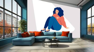 Happy woman brings a light into her inner world. Mindfulness to yourself.  Introspection and Self-acceptance concept.  Vector illustration Wall mural