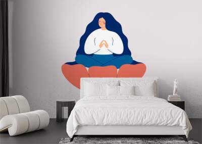 Happy woman sitting in lotus pose inside big flower. Female person closed her eyes and meditates feeling self love and body and mind harmony. Mental health concept. Vector illustration Wall mural