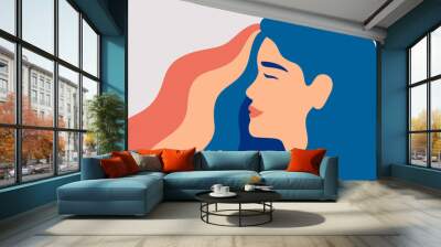 Happy woman with flying rainbow color hair. Smiled girl creates a good vibe around her. Smiling female character enjoys her freedom and life. Body positive and health care concept Wall mural