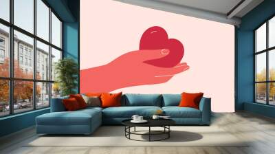 Human Hand gives to someone big red heart. Concept of love, charity, philanthropy and donation. Vector illustration Wall mural