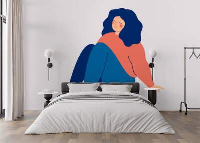 Joyful girl sits on the floor with a positive mood and thoughts. Plus size female character enjoys her freedom and life. Body positive and self-love concept. Wall mural