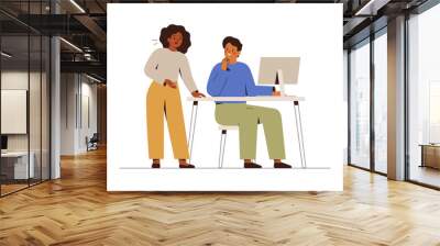 Man and woman discuss together some idea or solution. Creative colleagues work together on one project. Partners have  Business meeting or brainstorming in the office. Coworking concept. Vector Wall mural