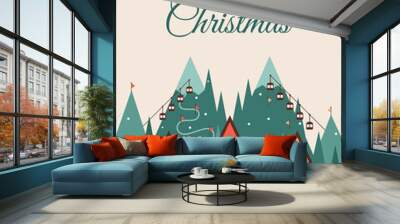 Merry Christmas card with Winter landscape of ski resort town in snowfall. Mountain Village with ski lifts and tracks, country houses, fir trees. Color vector illustration in flat style. Wall mural