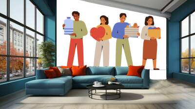 Multicultural people hold donation items: clothing, water, food. Men and women give things and products for charitable. Support and care concept. Vector illustration Wall mural