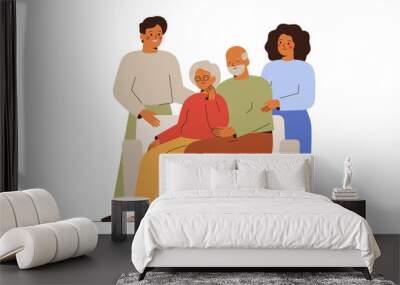 Senior parents and their adult children have come together. Two generations: father, mother and their son with his wife hold hands and embrace. Concept of family support and care. Vector illustration Wall mural