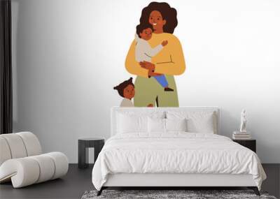 Single Mother and her children happy together. African American Woman holds with her son and daughter stand and hugging. motherhood concept. Friendship, love and care in family. Vector illustration Wall mural