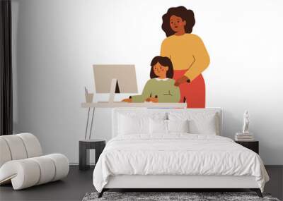 Teacher explains something to her pupil. School child performs the task using a computer. E-learning concept. Mother talk to her daughter and help to do homework. Vector illustration Wall mural