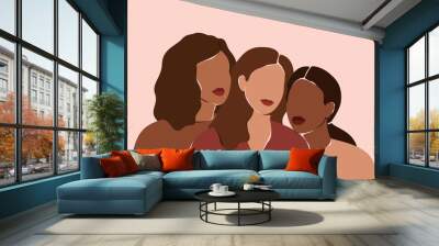 Three beautiful women with different skin colors stand together. Abstract minimal portrait of girls face to face. Concept of sisterhood and females friendship.  Vector illustration Wall mural