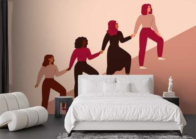 Women can do it. Four female characters walk up together and hold arms. Girls support each other. Friendship poster, the union of feminists and sisterhood. Vector illustration Wall mural