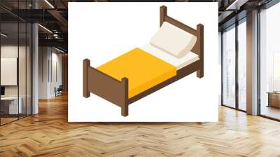 wooden bed for one person in an isometric view. place to sleep with a pillow and a blanket in a flat Wall mural