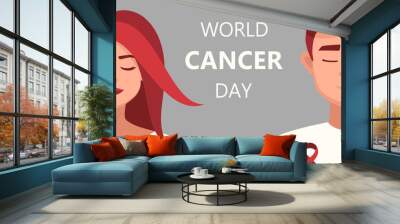 World Cancer day card 4 february. Vector cartoon Woman and Man Red Ribbon World Cancer Day.vector illustration for the world day of fight against AIDS.Medical illustration Wall mural