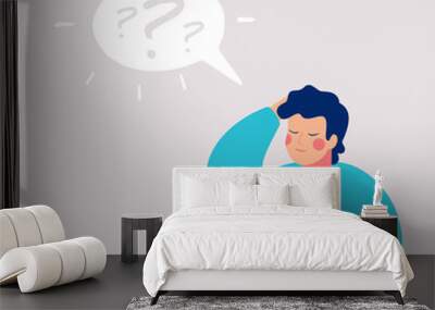 Young boy thinking about that he reading in the book and has a questions. Speech bubble above with question mark. Human character vector illustration. Wall mural