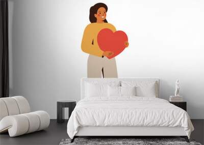 Young woman embraces a big red heart with hands. Happy girl gives love and kindness. Concept of charity, philanthropy, empathy and donation. Vector illustration Wall mural