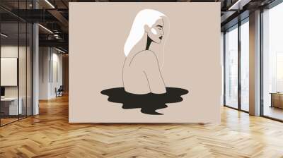 Young Woman silhouette with long hair in simple minimal linear style. Side view beautiful sad female stands in water isolated from background. Vector fashion illustration Wall mural