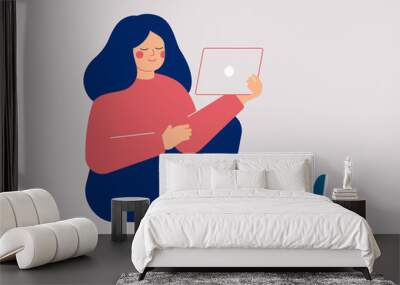 Young woman watching video on the tablet pc. Female user of social media networks. Girl spending time online at home or at work. Vector illustration Wall mural