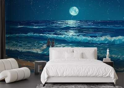  A beautiful nighttime night time beach art illustration with people swimming in the moonlight ocean background weekend nature vacation scene fun with romantic couple big full moon and copy space Wall mural