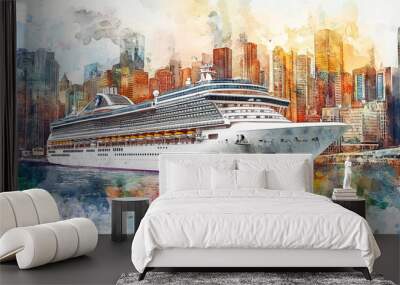 A big white beautiful cruise ship sails from big city water urban cityscape skyscrapers background travel agent tourism vacation concepts watercolor style artistic decor with copy space  Wall mural