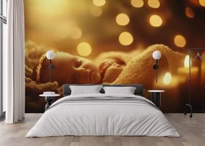 A soft, glowing scene of sleeping baby Jesus in a  manger with a golden halo around his head, bathed in warm candlelight, with a tranquil, gold bokeh background in warm tones Christmas nativity Wall mural