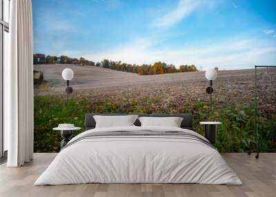 Autumn idyllic harvested agricultural field landscape rolling hills blue sky and autumn trees background Wall mural