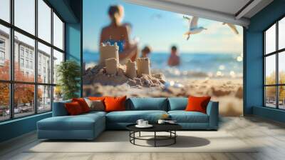 Closeup of sandcastle on happy sunny beach scene with ocean family and seagulls in defocused background Wall mural