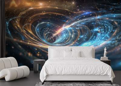 Colorful abstract background contoured spacetime waves + forming stars glowing on dark background science gravity physics gravitational waves AI quantum computing early universe technology concepts Wall mural