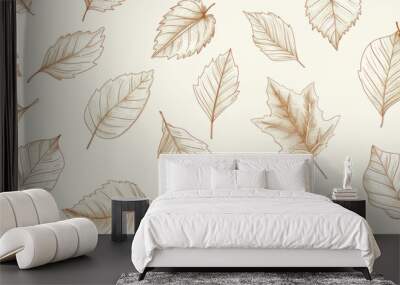 Large autumn leaves pattern Pencil sketch thick lines smooth hand drawn natural illustration. Simple organic plants design. Botanical vintage graphic art wallpaper, background.  Wall mural