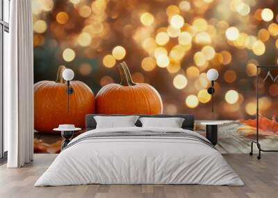 Magical Autumn scene orange pumpkins on a wooden table with party lights bokeh glowing background, fall colors invitation copy space harvest festival halloween thanksgiving traditional holiday  Wall mural