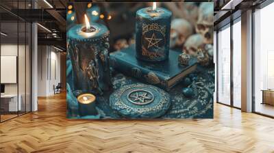 mystical occult design mysterious magic symbols on burning candles at witchcraft altar with skulls magic spell book and pentagrams halloween party black magic paganism evil voodoo curse background Wall mural