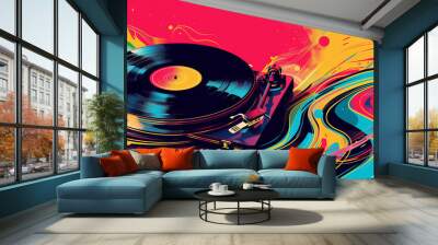 pop art 60s psychedelic colorful trippy retro style image of vinyl record album on a turntable with music coming out of it in waves and dance party atmosphere background Wall mural