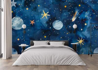 Seamless pattern outer space stars and planets in night sky art illustration watercolor fun hand drawn bold minimalist kids style  Wall mural