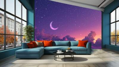 Sleepy purple evening mystical moonlight sky with clouds and stars tranquil slumber relaxing meditation cosmos background backdrop wallpaper crescent moon Wall mural