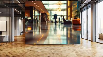 Soft focus busy modern hotel lobby motion blur people shiny floor elegant luxury beautiful lighting fixtures expensive furniture stylish fancy fashionable trendy with copy space Wall mural