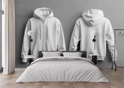 Unisex white zip front hoodie mockup front and back zipper closed hood down good style and shape on gray background no people, with copy space Wall mural