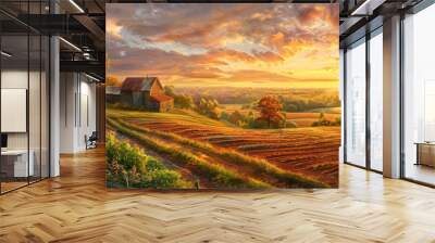 Warm golden hour sunrise over rural landscape idyllic countryside agricultural  fields rolling hills family farm with farmhouse organic gardens colorful dawn sky clouds wholesome background copy space Wall mural