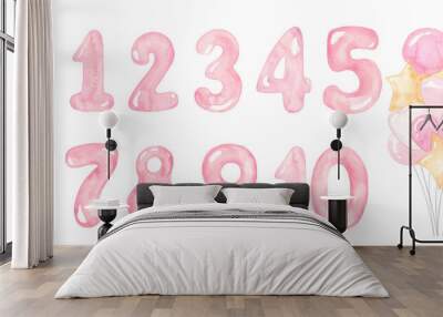 Set of pink balloon numbers for baby girl celebration party, nursery or milestones. Hand-drawn watercolor illustration. Wall mural