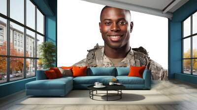 Smiling afro american soldier on transparent background. Smiling african soldier isolated on transparent background png cutouts. Army World. American army. Image for graphic designer. Africa. Wall mural