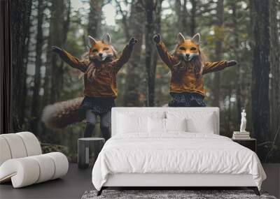 two girls wearing fox masks with furry long fox tails is jumping in the woods,  quadrobics  Wall mural