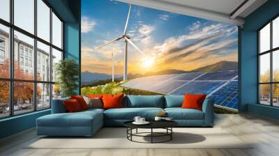 windmill wind turbine and solar cell panel on blue sky at sunset renewable electricity energy concept Wall mural