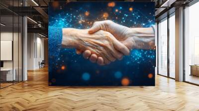 Elderly woman shaking hands with young businessman on blue background with glowing connections. Online collaboration concept Wall mural