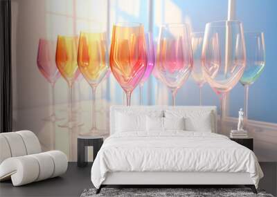 Rows of elegant wine glasses with colorful reflections on a bright, sunny backdrop, showcasing a modern and vibrant aesthetic. The concept of preparing for a festive banquet Wall mural