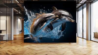 Two dolphins jumping out of blue water on a black background Wall mural