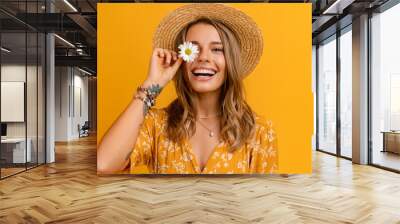 beautiful attractive stylish woman in yellow dress and straw hat Wall mural