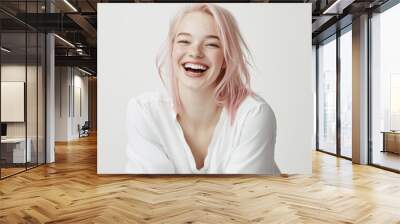 beautiful pretty young woman pink blond hair style in white clothes posing on white background, pretty cute candid beauty portrait, natural look, emotional smiling Wall mural