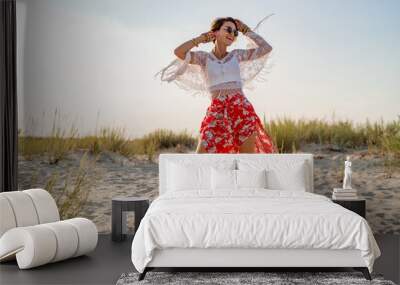 stylish attractive slim smiling woman on beach in summer style fashion trend outfit Wall mural