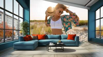 stylish attractive slim smiling woman on beach in summer style fashion trend outfit Wall mural