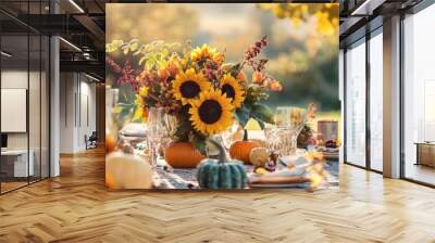  fall harvest decor, thanksgiving outdoor setting with a harvest theme, featuring a dining table decorated with squash, sunflowers and pumpkins freshly picked from the garden Wall mural