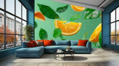  Falling Fresh Orange half slice in the air with green leaves isolated in the background, popular fruit with high vitamin and nutrition. Wall mural