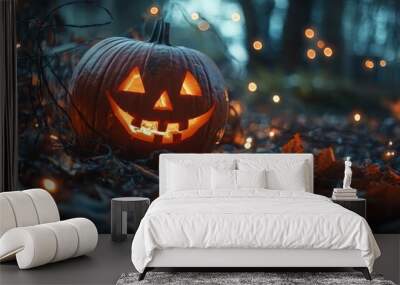 A carved Halloween pumpkin glowing warmly amidst festive string lights and autumn leaves, creating a spooky yet cheerful atmosphere
 Wall mural